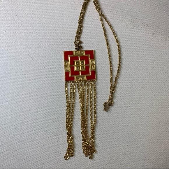 Asian Art Deco Red Enamel Dangling Chains Tassel Necklace Gold Tone Jewelry VTG - Picture 8 of 8